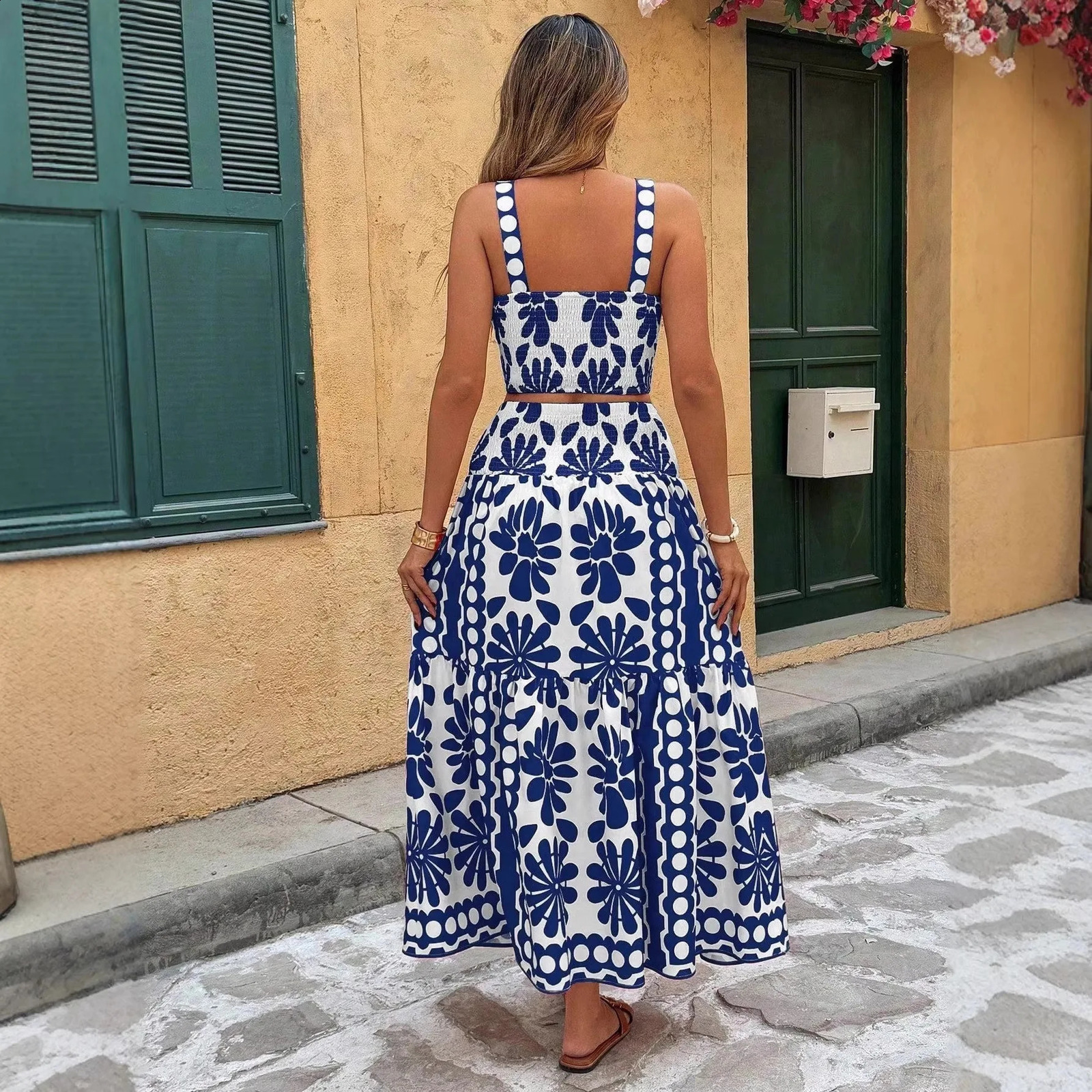 Women Boho Sexy Backless Matching Suit 2 Piece Beach Holiday Outfits Vintage Print Cami Tops Maxi Long Skirt Party Set Mujer 260618 - view 4