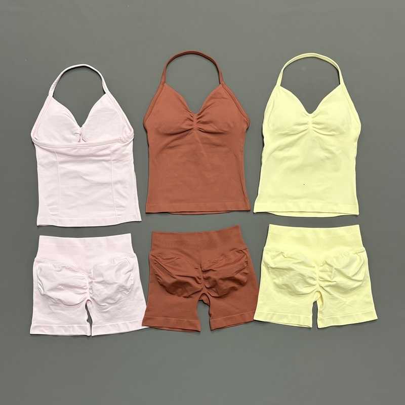 HISTELLO Yoga Set Women 2Pcs Halter Tank Top Scrunch Butt Lifting Shorts Ruched Anti Chafe Quick Dry Gym Workout Sports Set M260626