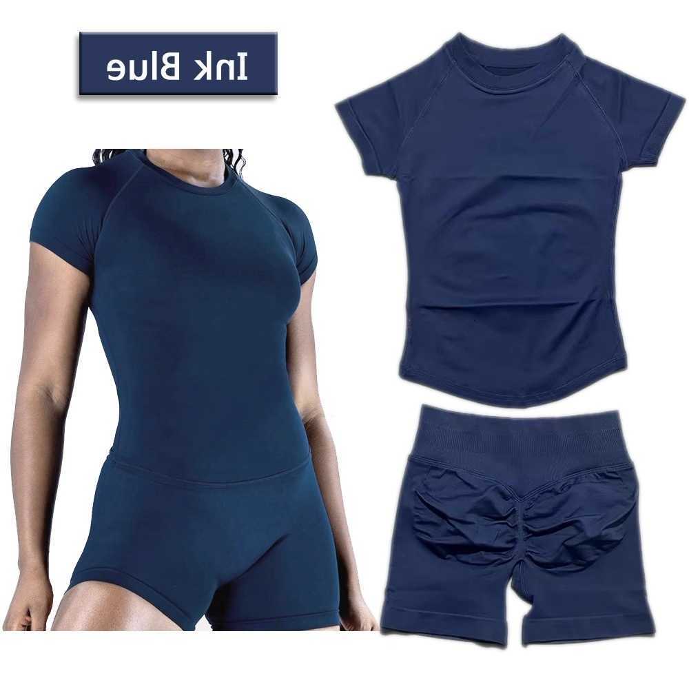 Sets Sports 2 Short Pieces Sleeve Seamless Yoga Top Fitness Set Women Workout Running Sports Shorts Gym Suit M260626 - view 1
