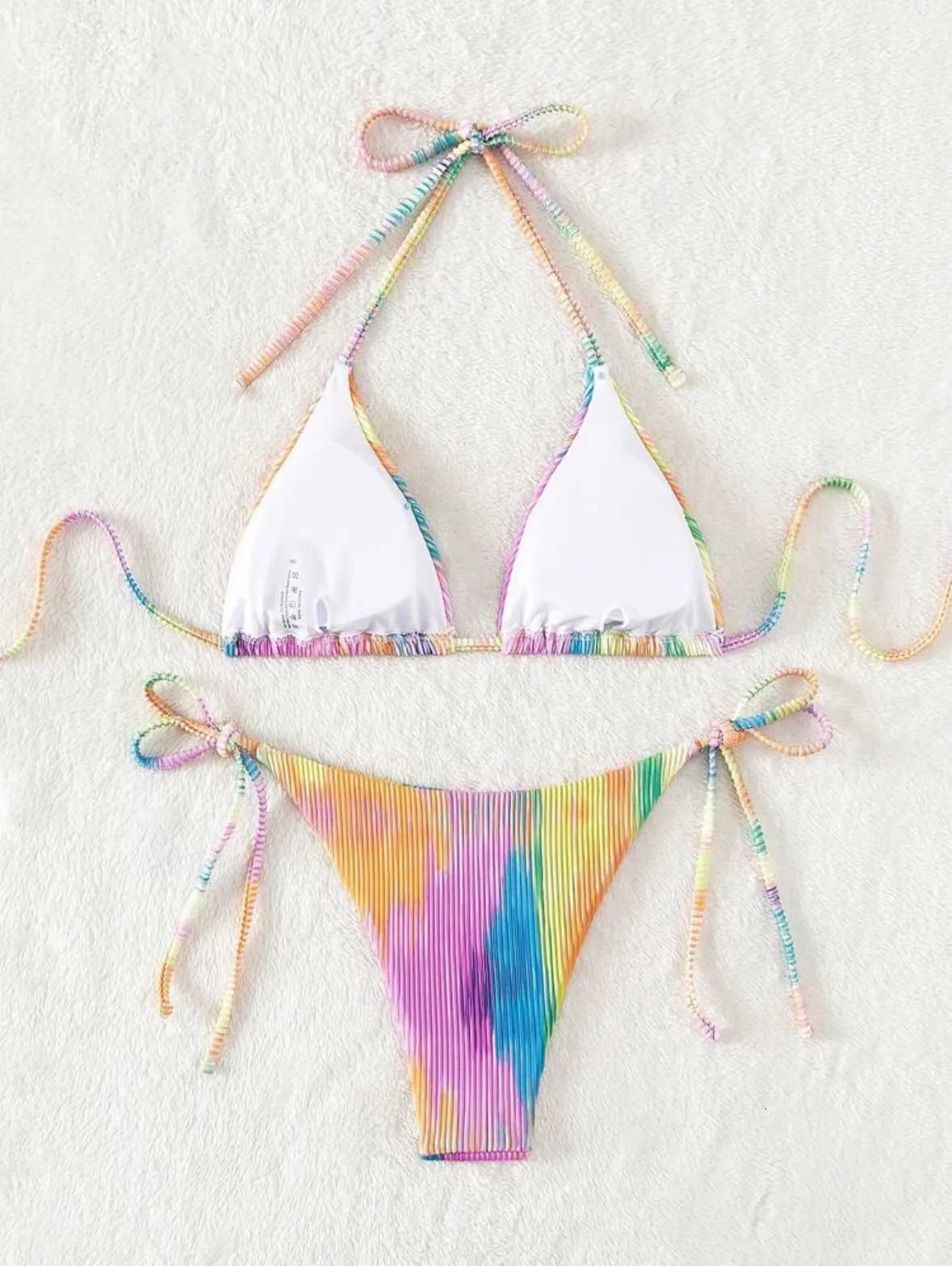 Women rainbow print micro bikini sets two pieces tie halter thong swimsuit Swimwear bathing suit beach outfits biquini 260622 - view 6
