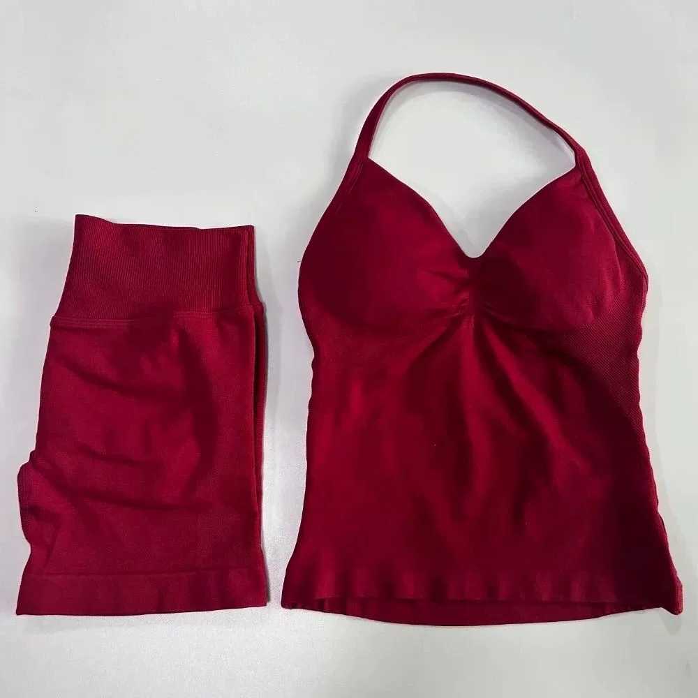 Set Yoga 2 Pieces Gym Women Backless Halter Tops High Waist Seamless Shorts Gym Suit Fitness Sports Bras Sportswear Workout Sets M260626