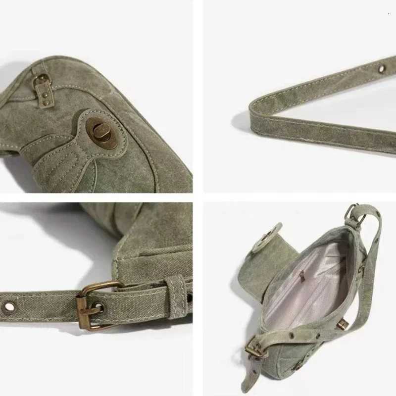 Shoulder Y2k Vintage American Street Style Rivets Green Canvas Handbag Gothic Punk Biker Cool Designers Underarm Bag HandbagT260716 - view 7