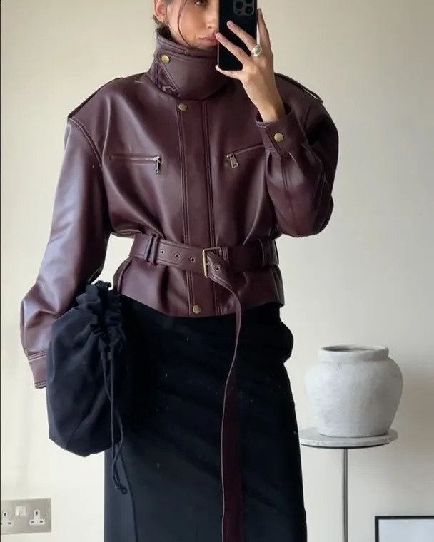 Retro Burgundy Waist Cinching Jacket Women Fashion Lace Up Stand Collar Zipper Bucket Short Jackets Lady High Street Coat 260618 - view 6