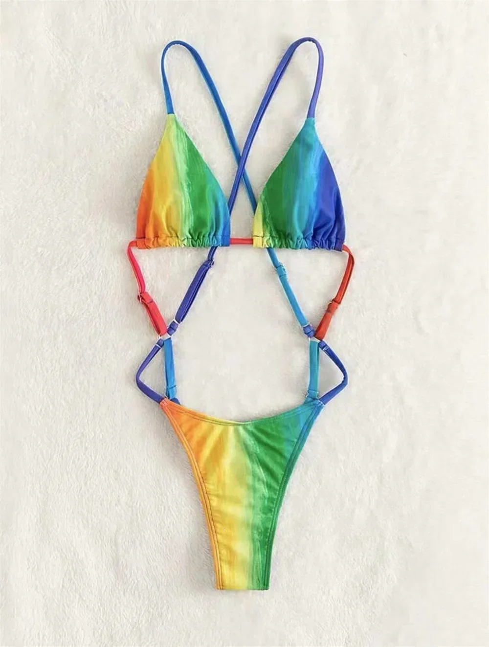 Rainbow Print Bikini Gradient Micro Monokini Swimsuit Cross String Backless Women Vacation Swimwear One-piece Beach Bathing Suit 260622