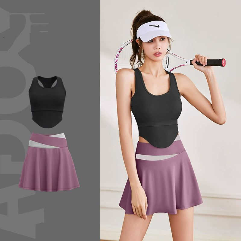 Summer Lightweight High Waist Women Slim Fit Squat Proof Skort Matching Sets U-Shaped Cutout Wide Strap Tank Top Yoga Sets M260626