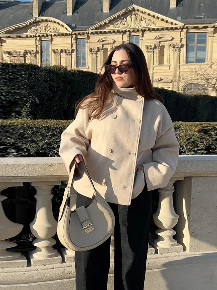 Solid High Neck Double Button Topcoat Dropped Shoulder Loose Autumn Short Elegant Jacket Women Urban Casual Lady Outerwear 260624 - view 6