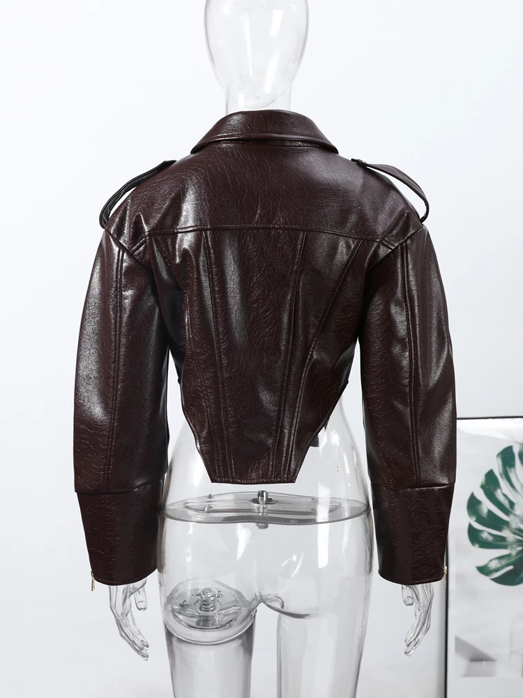 Womens Cropped Faux Leather Jacket Coat Vintage Balloon Sleeve Biker Style PU Outerwear Chic High Street 2026 Spring Outfit 260623 - view 7