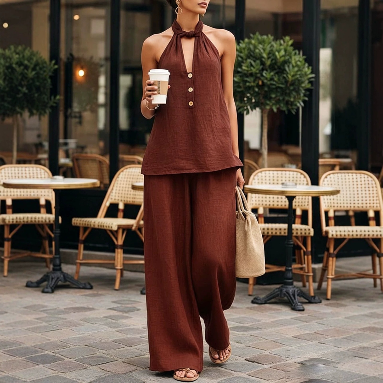 Womens Summer Fashion Sleeveless Deep V-Neck Halter Neck Backless Top and Wide-Leg Pants Two-Piece Set 240731