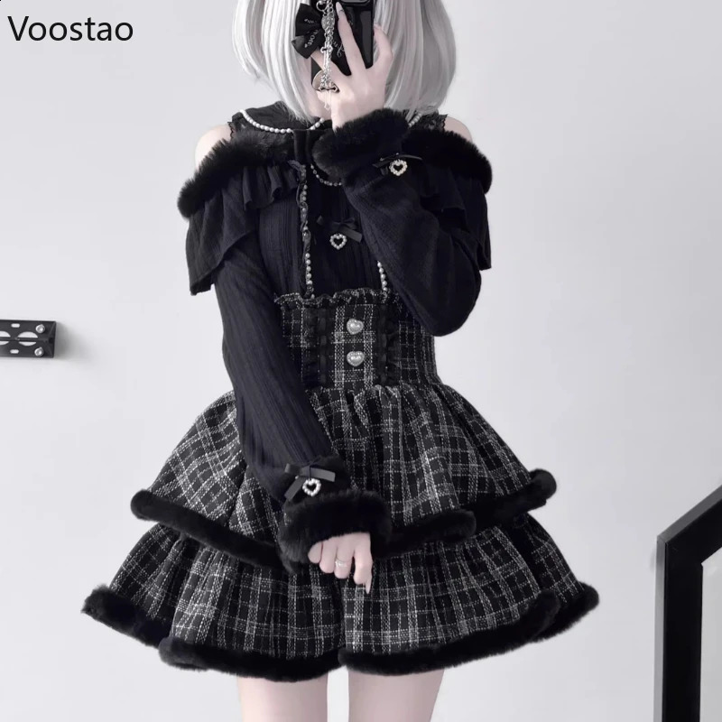 Japanese Style Gothic Y2k Lolita Skirt Set Women Sweet Fur Off Shoulder Bow Blouse Tops Plaid High Waist Theme Party Suits 260625 - view 3