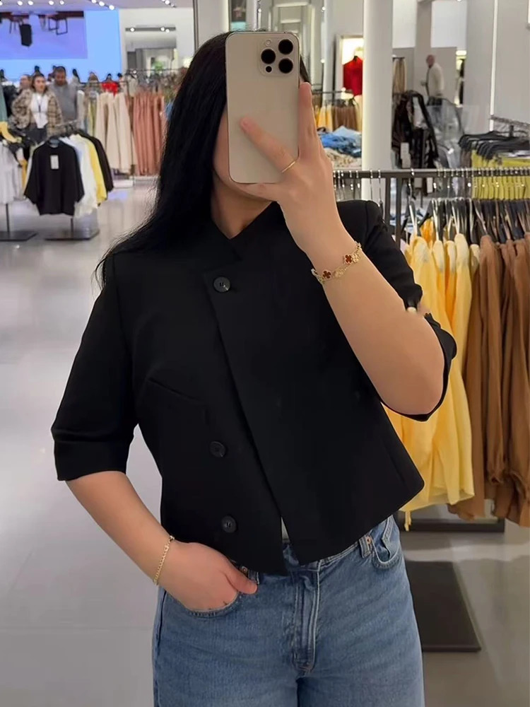 TFMLN Women Solid Jacket Coats Half High Neck Short Sleeve Commuting Outerwear Female Spring Chic Casual Daily Jackets Top 260625 - view 5