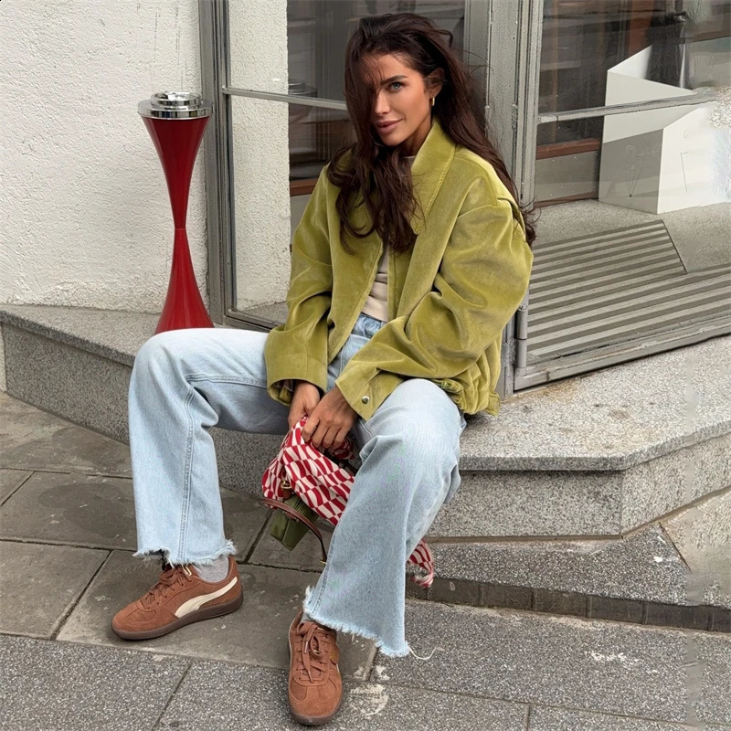 Casual Zipper Womens Green Suede Jacket Women Loose Lapel Full Sleeve Pocket Crop Coats Autumn Winter Lady Street Thick Outwear 260618 - view 5