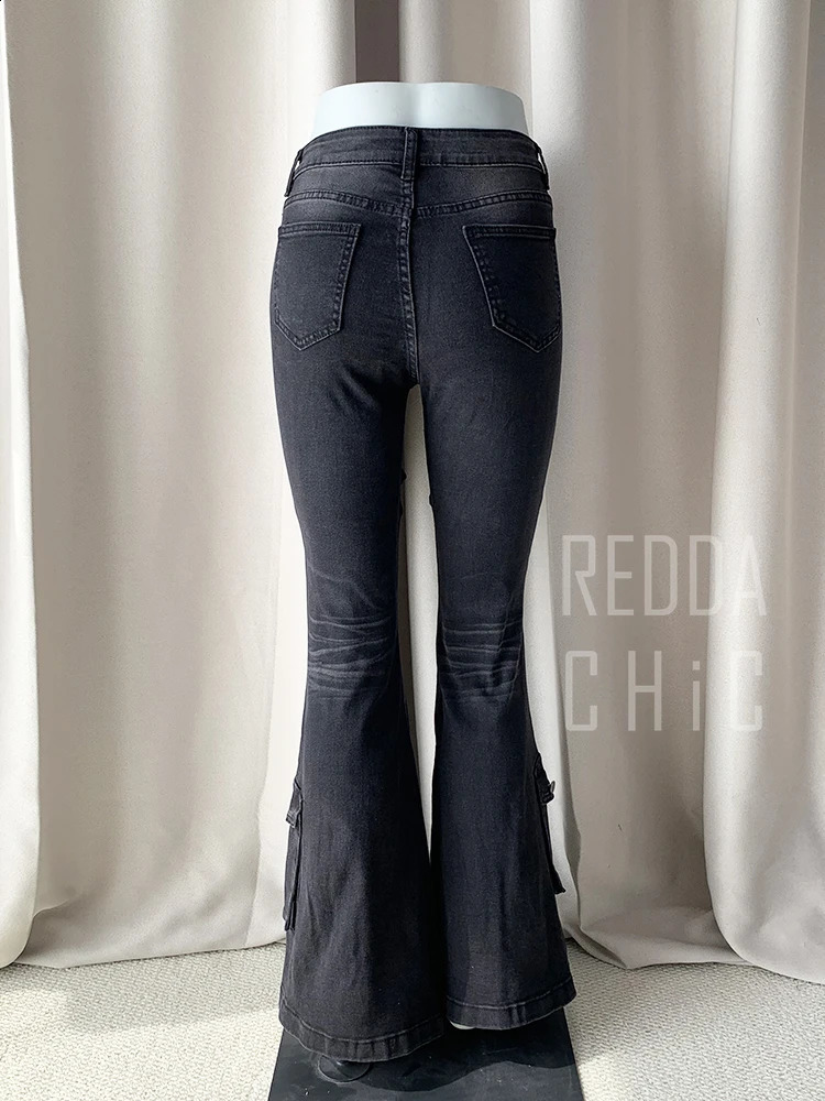 REDDACHiC Black Low Waist Cargo Jeans 2000s Distressed Whiskers Multipocket Stretch Bootcut Pants Women Retro Grunge Streetwear 260625 - view 7