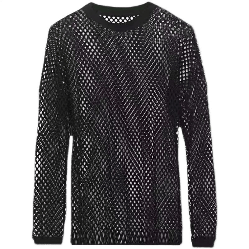 Mens mesh long-sleeve off-shoulder see-through T-shirt sexy nightclub wear breathable and versatile mesh hollow-out base shirt250312