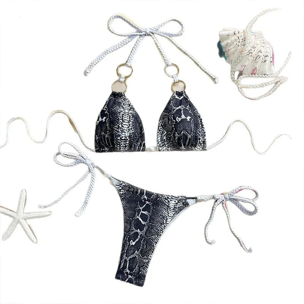 Sexy Womens Bikini Two-Piece Set Fashionable Metal Ring Snake Skin Print Suspender Strap Sexy Summer Beach Spring Swimsuit 260622 - view 3