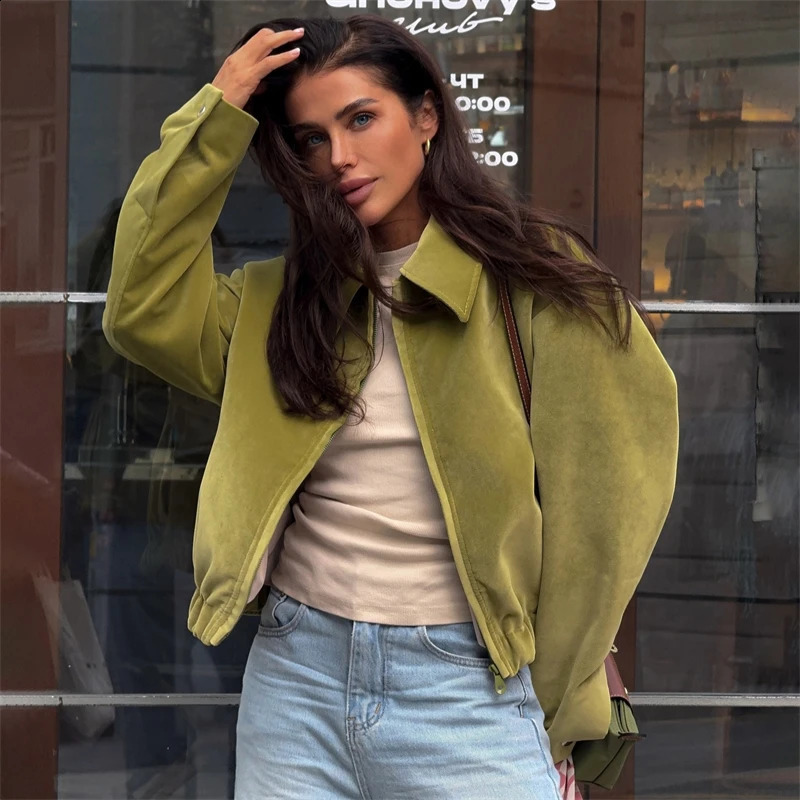 Casual Zipper Womens Green Suede Jacket Women Loose Lapel Full Sleeve Pocket Crop Coats Autumn Winter Lady Street Thick Outwear 260618 - view 3