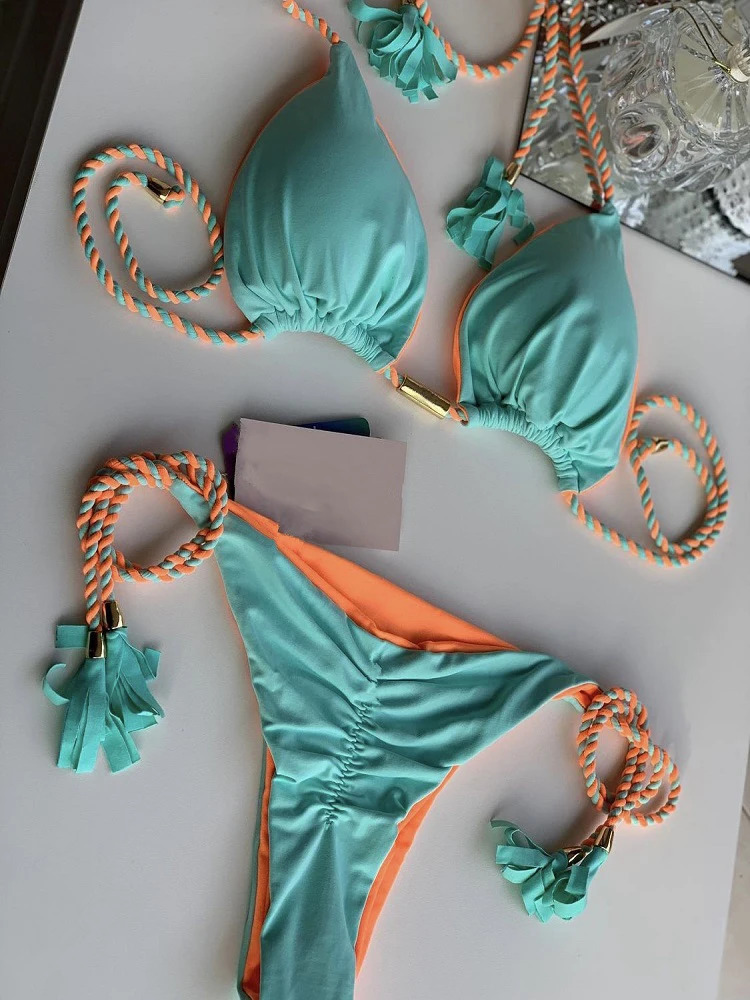 Women Bikini Backless Rope Triangle Swimsuit Multicolor 260622CJ - view 4