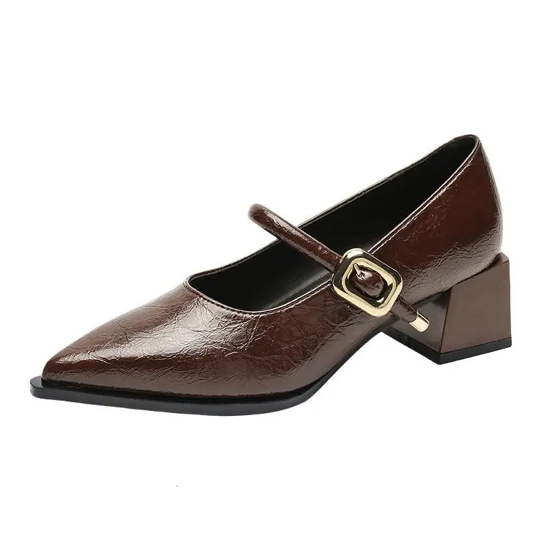 Retro mid-length single shoes spring and summer fashion belt buckle pointed toe comfortable shallow toe leather shoes 260625 - view 6