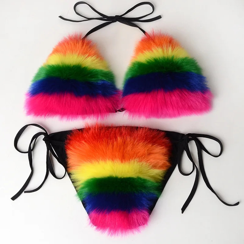 Rainbow Striped Womens Plush Fur Bikinis Set Swimsuit Sports Fox Fur Two Piece Female Swimwear Bra Underwear Sets Swimsuits 260622 - view 3