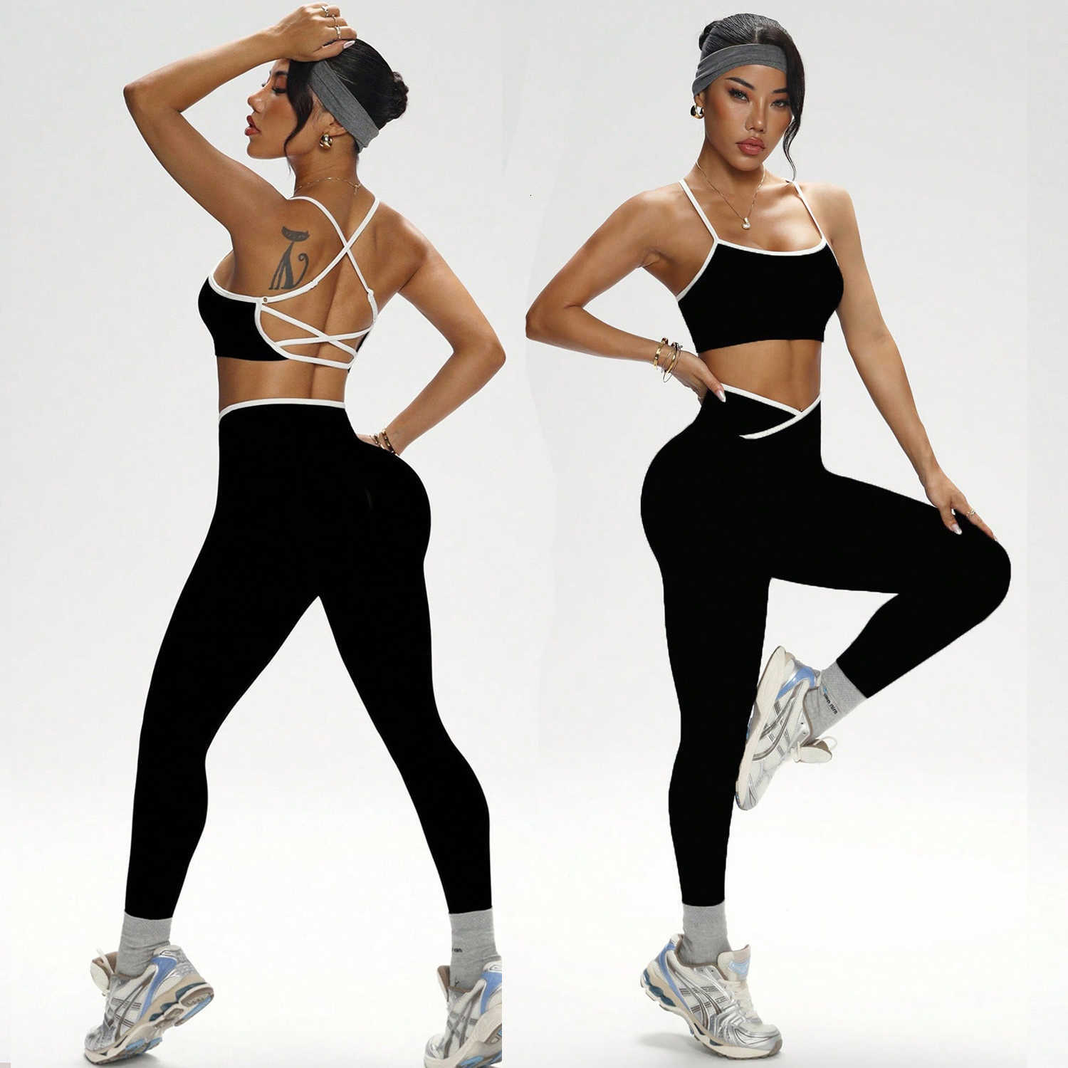Set Black White Contrast Workout Women Crisscross Sports Bra Butt Lifting High Waist Leggings 2Pcs Gym Yoga Pilates Outfi M260626 - view 1
