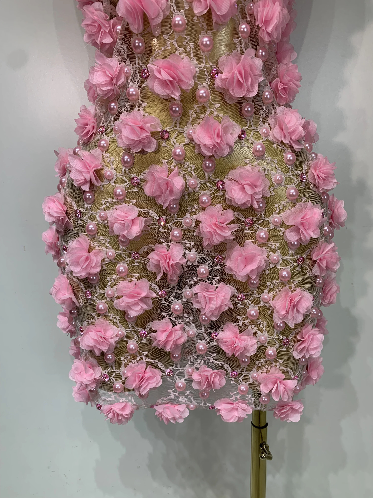 Women y Pink Flowers Pearls Lace See Through Bodycon Mini Dress Birthday Poshoot Evening Party Nightclub Stage Costume 260625 - view 7