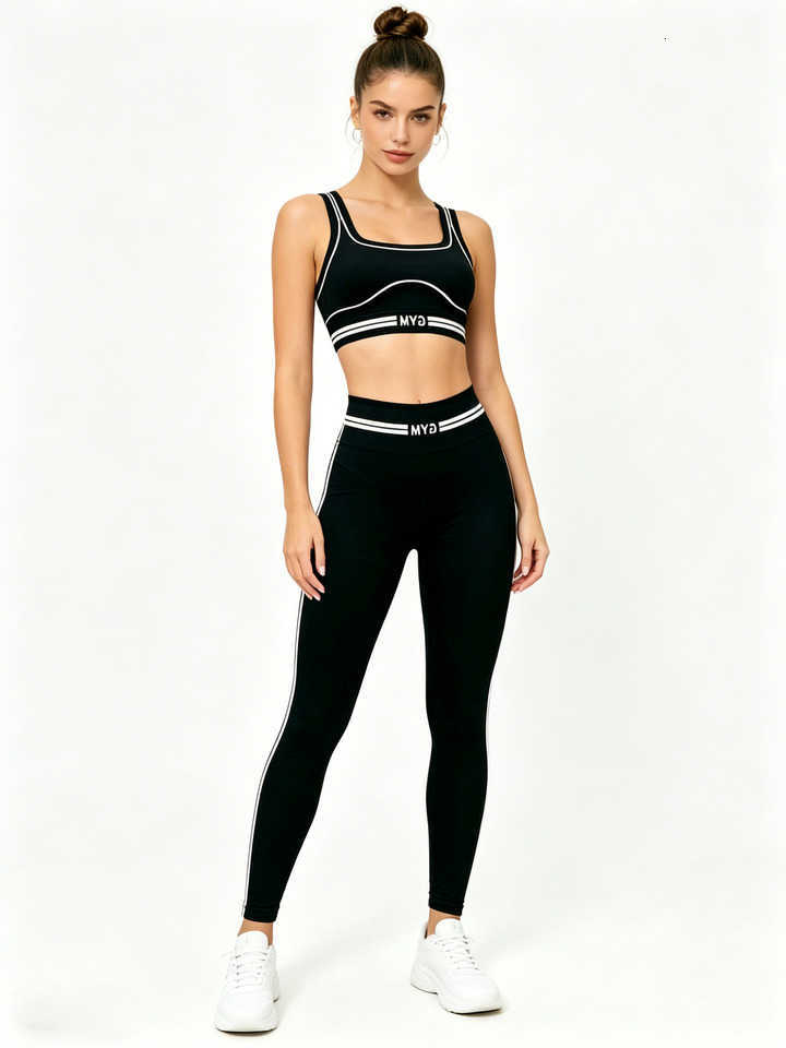 Black Womens Set 2Pcs Gym White Trim Sports Bra High Waist Leggings Fitness Workout Yoga Tracksuit M260626