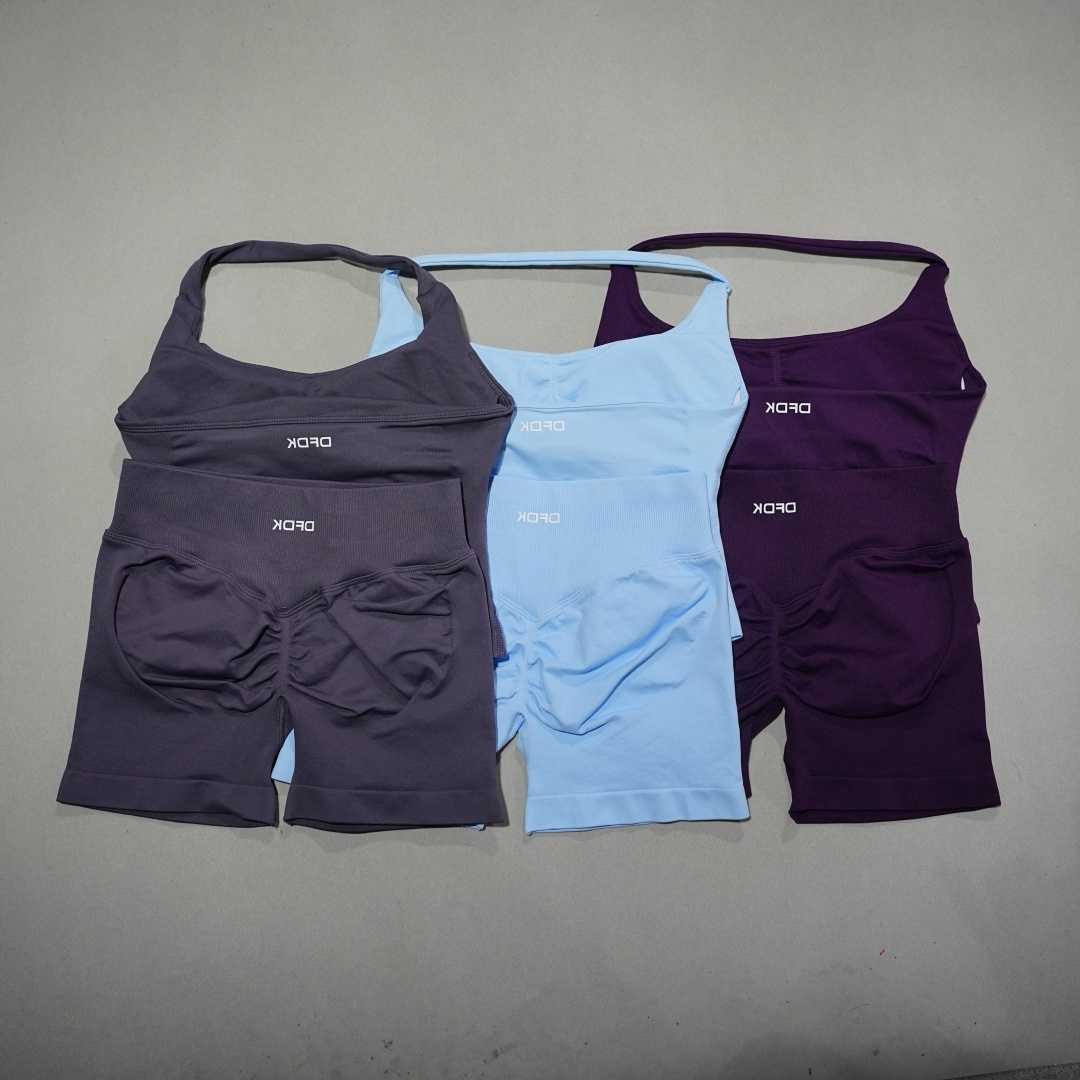 Set DFDK Sports Women 2-Piece Backless Yoga Vest High Waist Seamless Tight Shorts Fitness Workout Outfit M260626