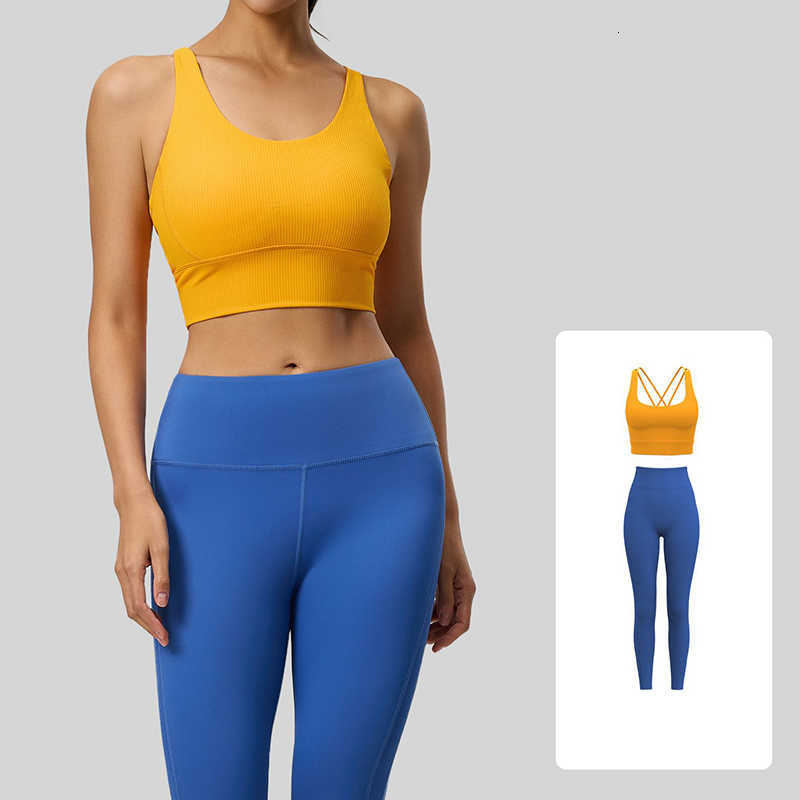 Cross Women Ribbed Yoga Set High Waist Leggings 2 Piece Yoga Set Tummy Control Butt Lifting Moisture Wicking Gym Set M260626