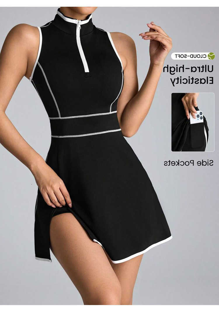 Running Dress Outdoor Summer Women Suit Lapel Collar Zipper Dress Female Sleeveless quick drying Soft Yoga Skirts Daily Wear M260626