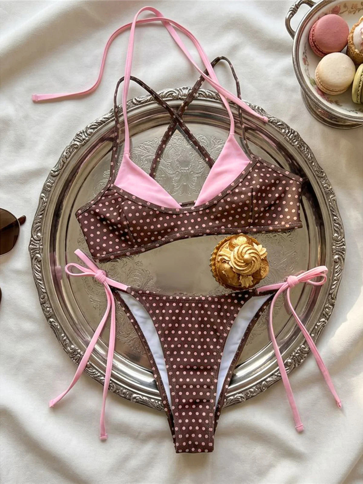 XS - L Sexy Polka Dot Splicing Halter Bikini Women Swimwear Female Swimsuit Bather Bathing Suit Swim Two-pieces Bikini set K8208 260622
