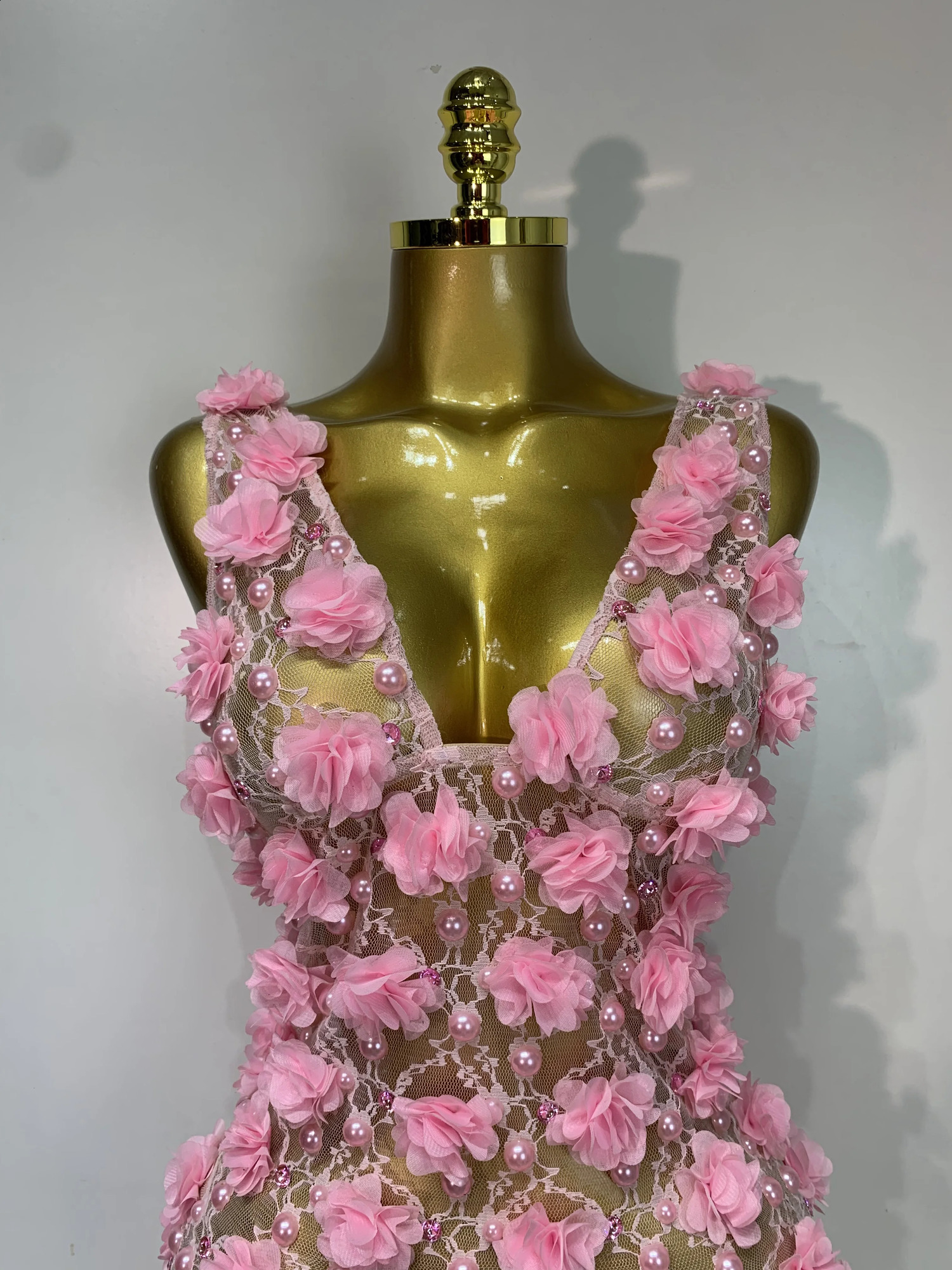Women y Pink Flowers Pearls Lace See Through Bodycon Mini Dress Birthday Poshoot Evening Party Nightclub Stage Costume 260625 - view 6