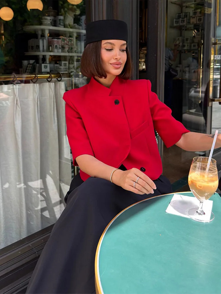 Women Chic Cropped Blazer Jacket Stand Collar 34 Sleeve Single Breasted Shoulder Pad Top 2026 Spring Summer Fashion Street Coat 260625 - view 6
