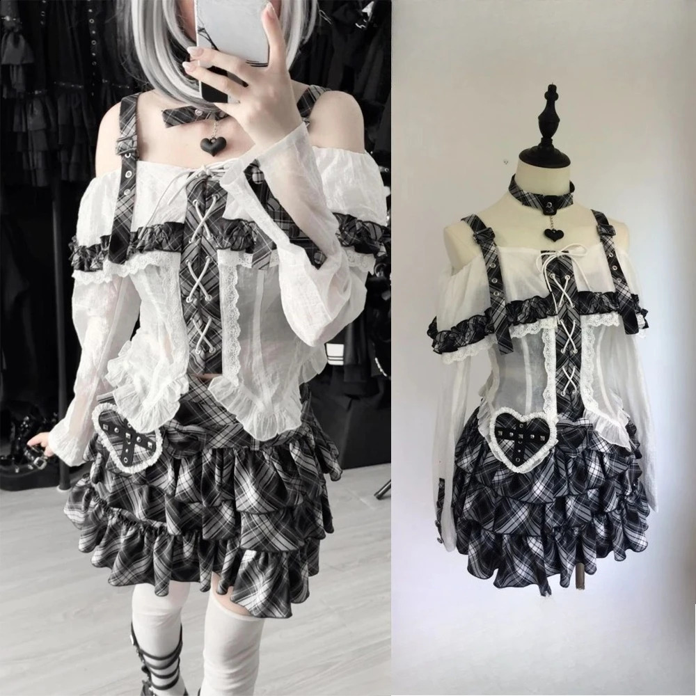 2026 Gothic Harajuku 2 Piece Sets Womens Vintage Y2k Crop Top Blouse Black High Waist Retro Skirt Belt Party Chic 260625 - view 5