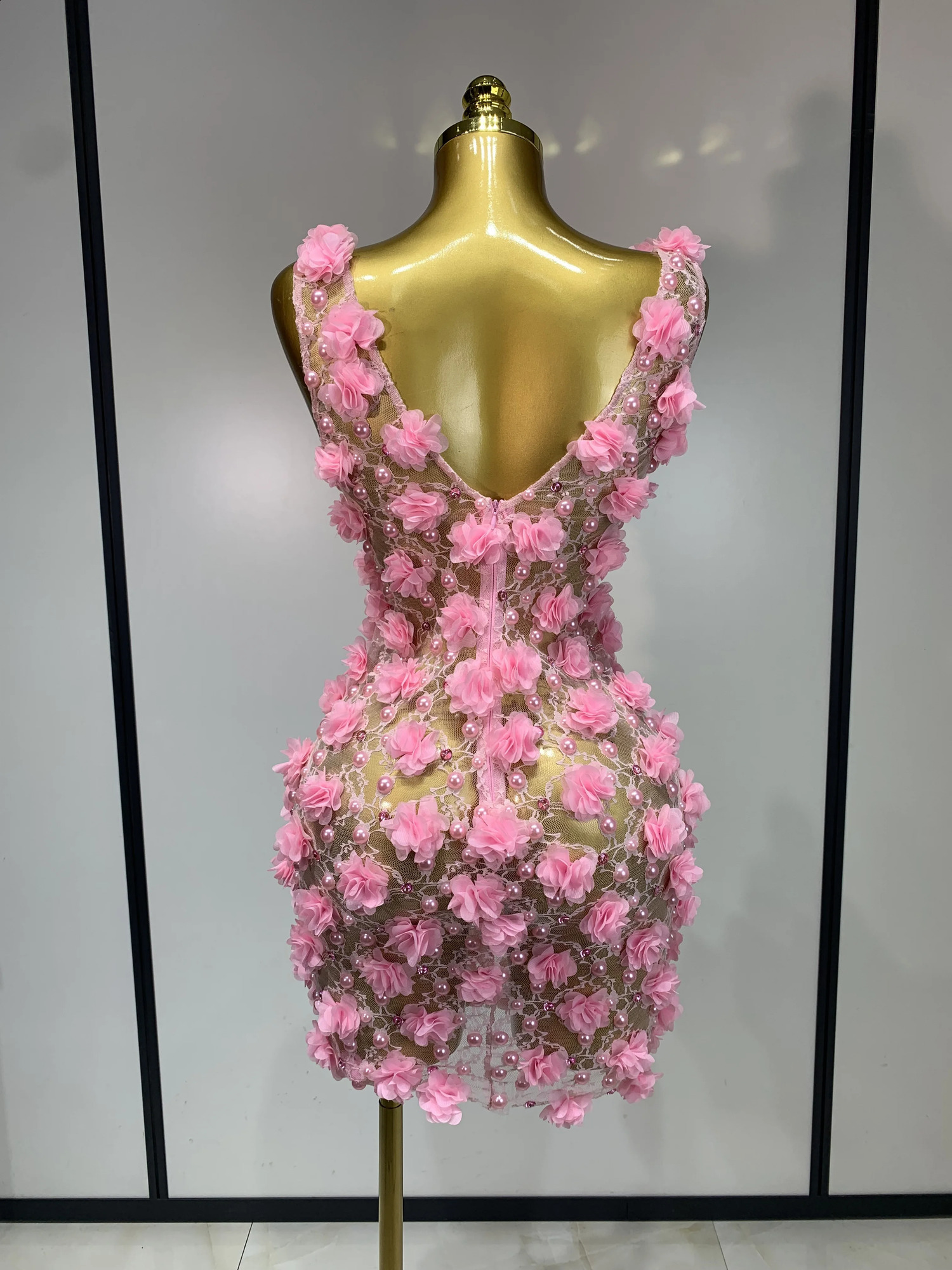 Women y Pink Flowers Pearls Lace See Through Bodycon Mini Dress Birthday Poshoot Evening Party Nightclub Stage Costume 260625 - view 5