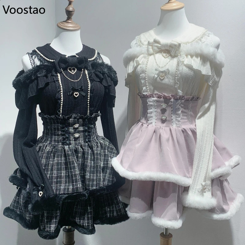 Japanese Style Gothic Y2k Lolita Skirt Set Women Sweet Fur Off Shoulder Bow Blouse Tops Plaid High Waist Theme Party Suits 260625