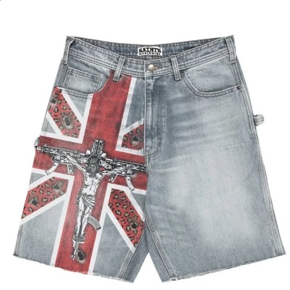 Streetwear Vintage Denim Shorts Y2K Jeans Hip Hop Union Jack Graphic Retro Baggy Shorts Low Rise Over The Knee Pant Casual Short 251028