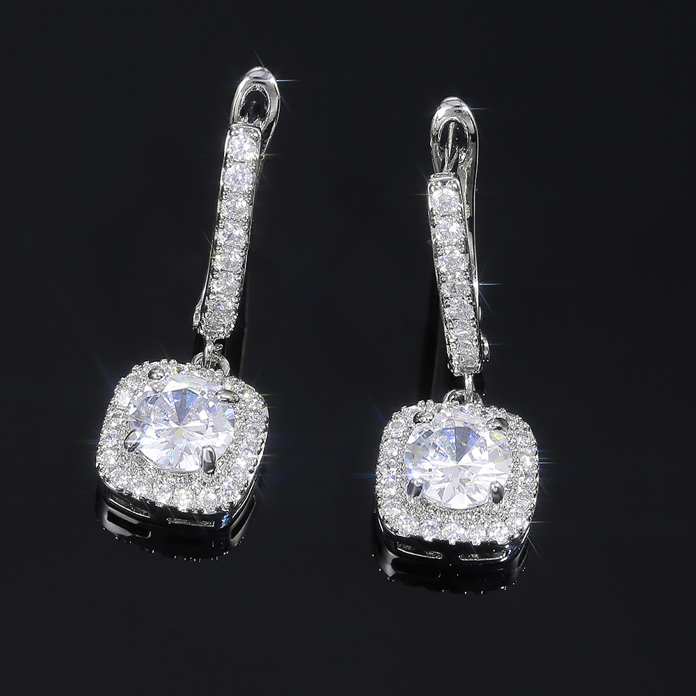 Women Micro Pave Zircon Hoop Drop Earrings Square Crystal Dangle Ear Buckle Luxury Silver Plated Fashion Jewelry