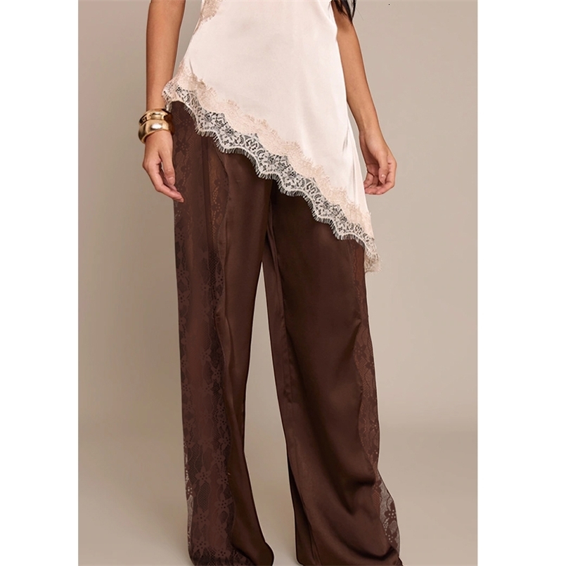 Casual Lace Satin Patchwork Pants Women Sexy See Through High Waist Lace Up Straight Trousers Spring Summer Lady Chic Trousers 260624 - view 4