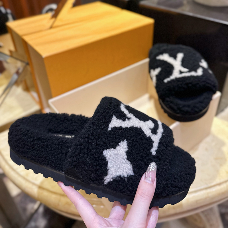 Designer High End Fashion Fuzzy Wool Slide Sandals for Women Colorful Vintage Monogram Embroidery Non-Slip Sole Cozy Indoor Outdoor Daily Wear Fluffy House Fur Shoes