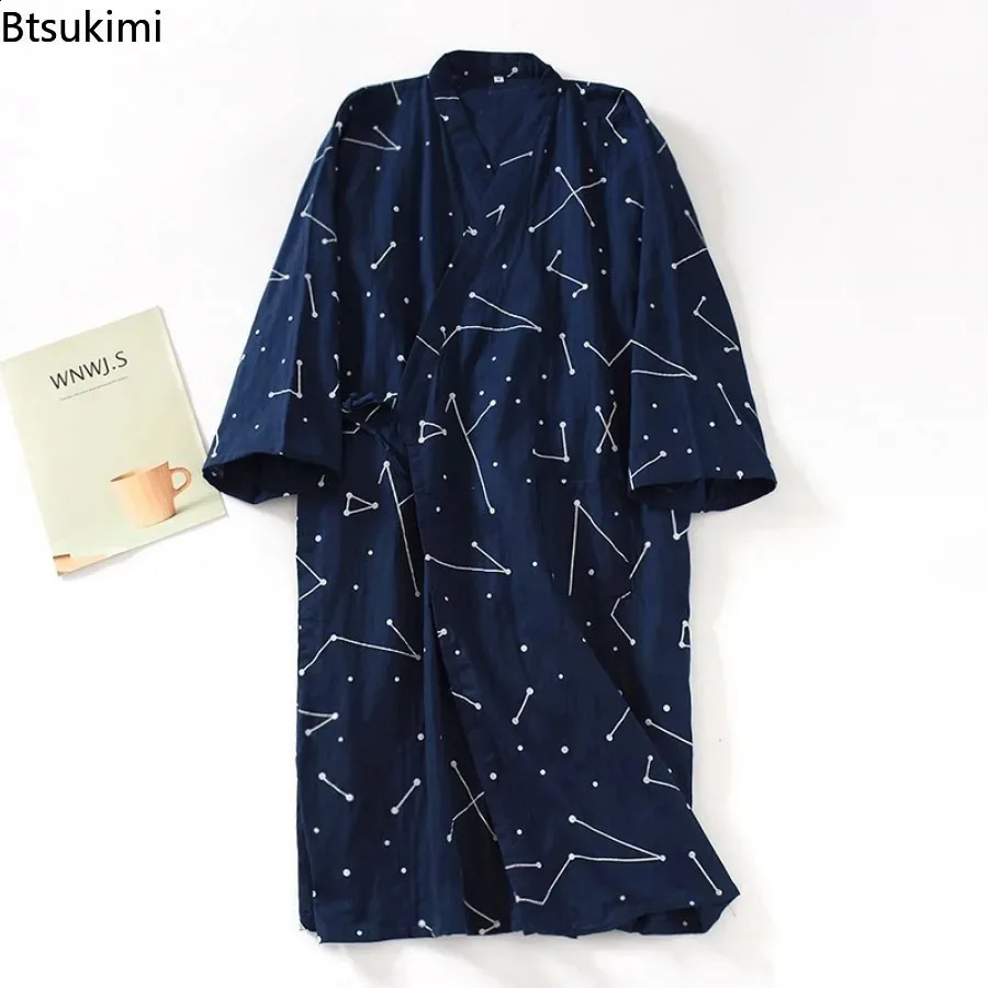 2026 Mens 100 Cotton Gauze Bath Robes Loose Thin Japanese Kimono Pajamas for Men Casual Lace Up Bathrobes VNeck Nightgown 260625