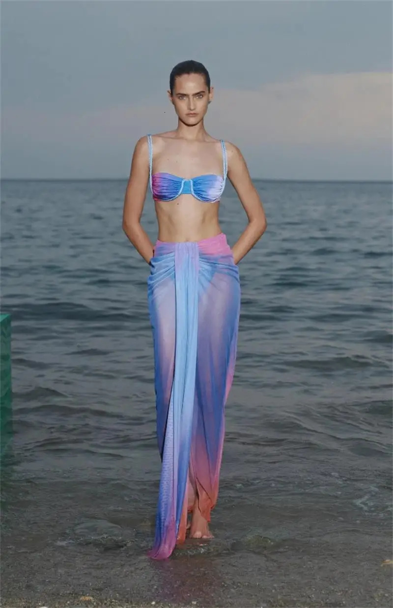 Gradient 3 Pieces Bikini Sexy Women Swimsuit Swimwear Female Long Dress Cover Up Bikini Set Beachwear Bathing Suit 260622