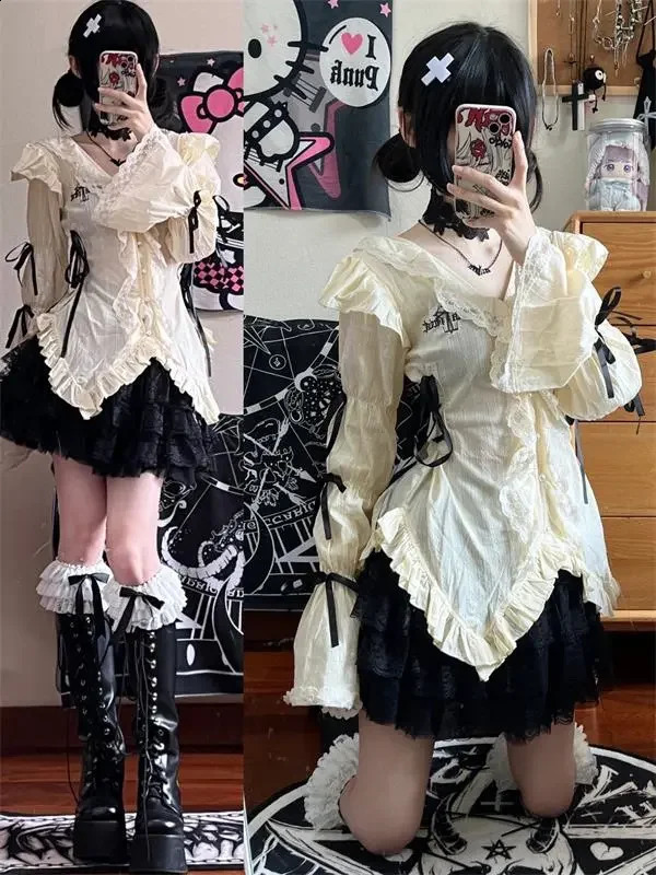 2026 Gothic Harajuku 2 Piece Sets Womens Vintage Y2k Crop Top Blouse Black High Waist Retro Skirt Belt Party Chic 260625 - view 7