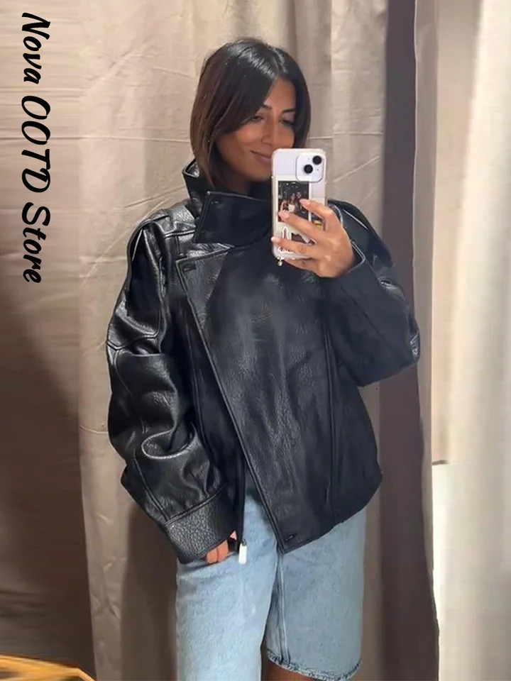 Stand Collar Short Leather Jacket Women Zipper Solid Single Breasted Full Sleeve Lapel Belt Coat Autumn Lady Chic Outwears 260624 - view 3