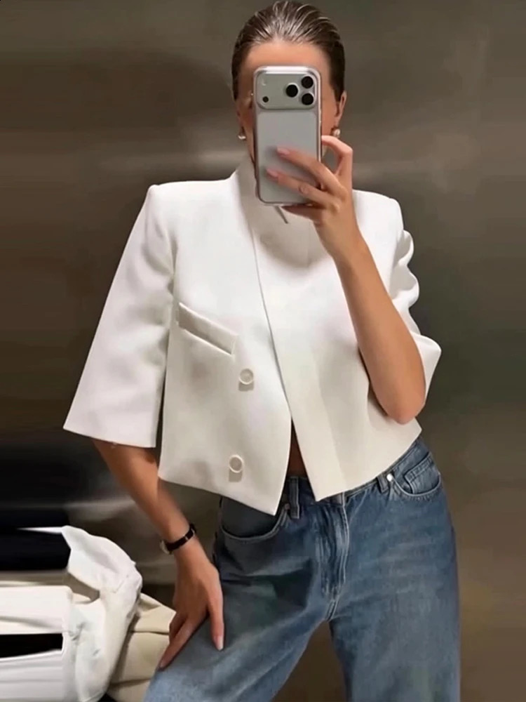 Women Chic Cropped Blazer Jacket Stand Collar 34 Sleeve Single Breasted Shoulder Pad Top 2026 Spring Summer Fashion Street Coat 260625 - view 3