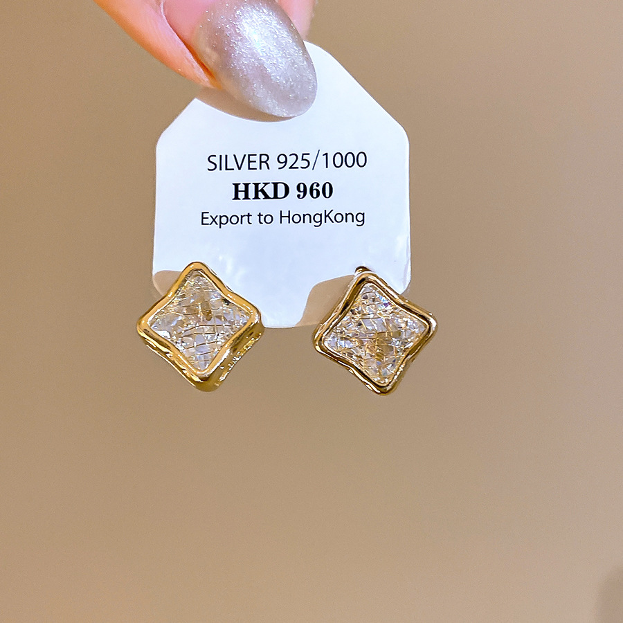 Light luxury high-end feel gold Zircon square mesh stud for women, niche design, fashionable and versatile, exquisite earrings - view 3