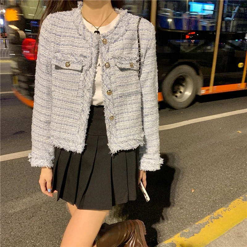 Women French Style Tweed Jacket 2026 Spring Autumn Elegant Round Neck Long Sleeve Top Gold Button Cropped Cardigan Outerwear 260618 - view 4
