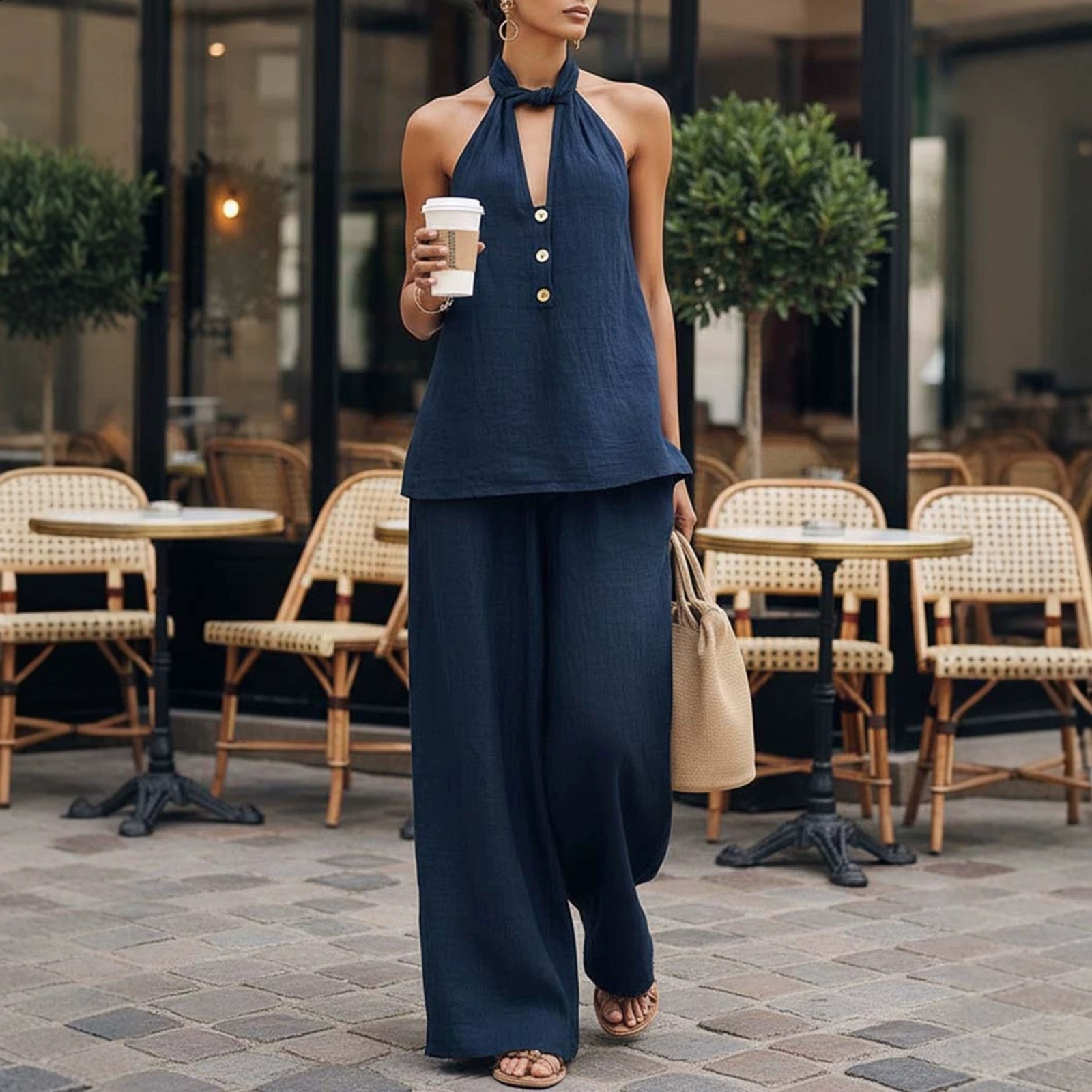 Womens Summer Fashion Sleeveless Deep V-Neck Halter Neck Backless Top and Wide-Leg Pants Two-Piece Set 240731