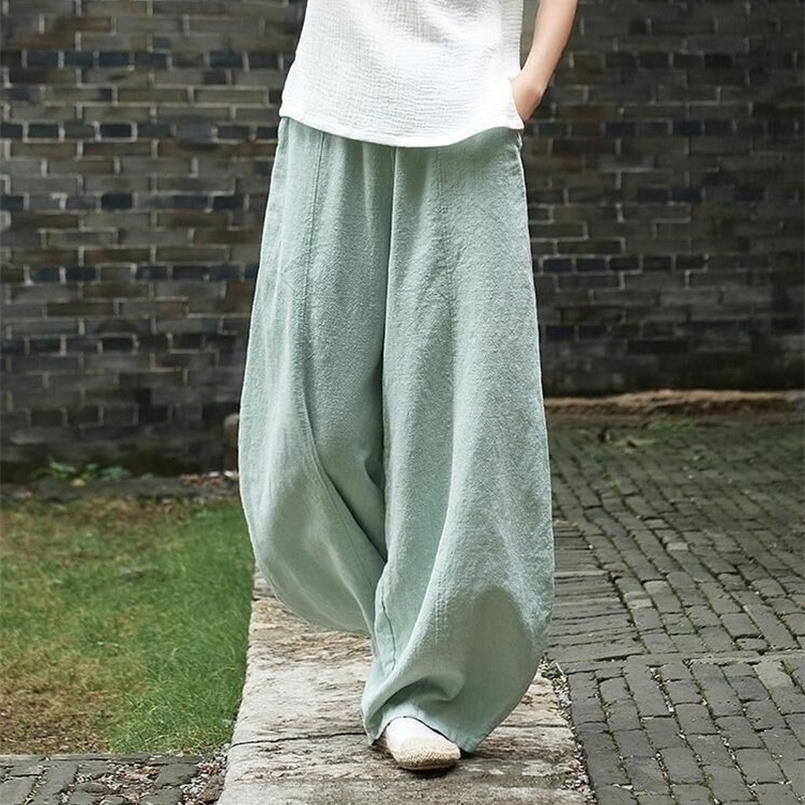 Cotton Linen Bloomers Wide Leg Pants Women Vintage Full Length Fashion Elegent Pants Solid Elasitic Waist Spring Autumn 5XL 260624 - view 3