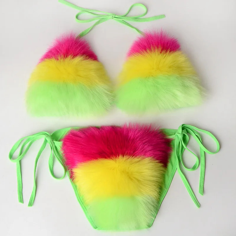 Rainbow Striped Womens Plush Fur Bikinis Set Swimsuit Sports Fox Fur Two Piece Female Swimwear Bra Underwear Sets Swimsuits 260622 - view 6