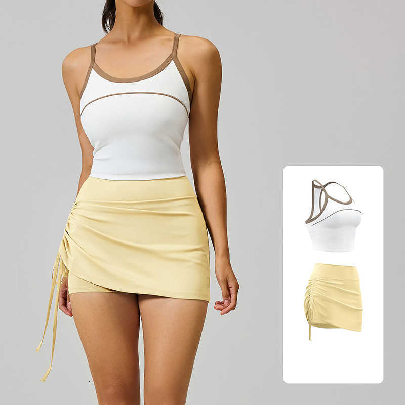Top 2026 Women Yoga Tank and Skort Activewear Set Built-In Bra Pads Slim Fit High Stretch Running Fitness 2 Piece Yoga Sets M260626