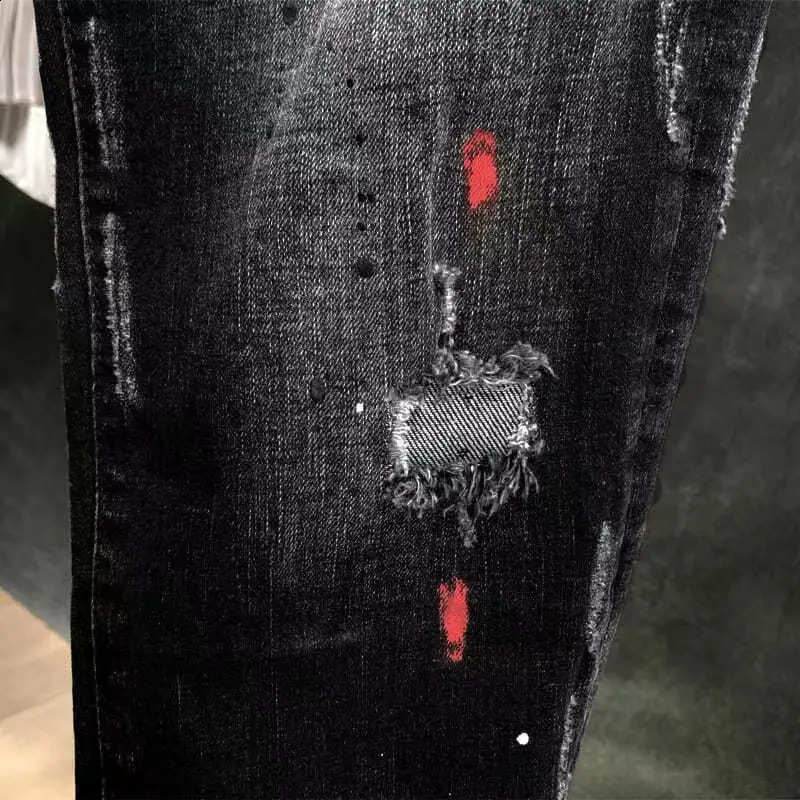 Autumn Korean Style Work Ripped Hole Black Cowboy Hip Hop Dotting Ink Slim Jeans Mens y Denim Pants for Men 260618CJ - view 6